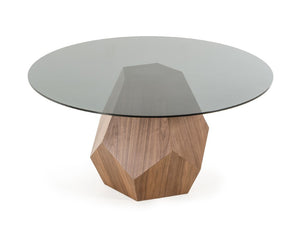 VIG Furniture Rackham Mid-Century Walnut Dining Set With Smoked Glass Round Table & 4 Beige Fabric Chairs VGBB-RACKHAM-SET