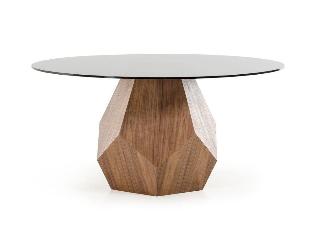 VIG Furniture Rackham Round Mid-Century Dining Table With Smoked Glass Top & Sculptural Walnut Geometric Base VGBBMI1501