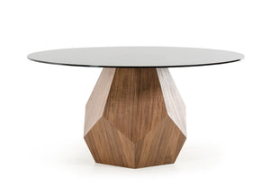 VIG Furniture Rackham Round Mid-Century Dining Table With Smoked Glass Top & Sculptural Walnut Geometric Base VGBBMI1501