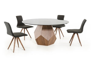 VIG Furniture Rackham Round Mid-Century Dining Table With Smoked Glass Top & Sculptural Walnut Geometric Base VGBBMI1501