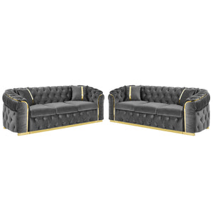 English Elm 2pcs Italian Velvet Chesterfield Sofa Set Tufted Three Seater with Gold Steel Legs Gray W1191S00070