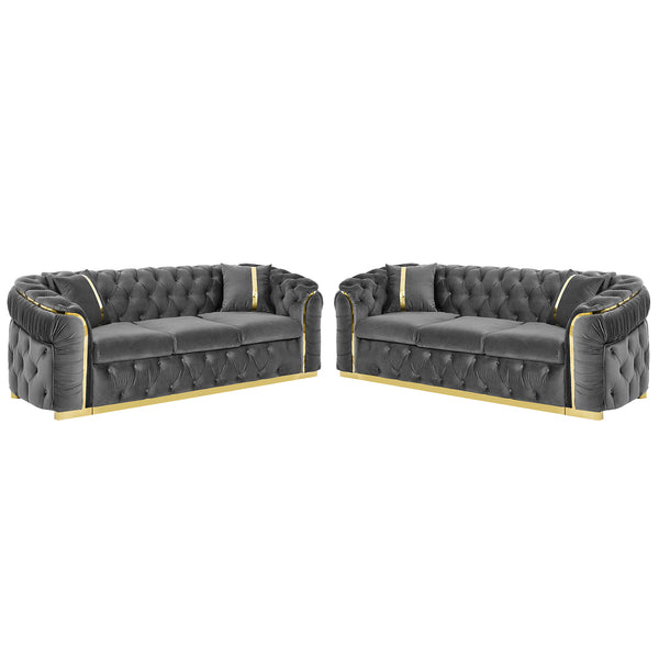 English Elm 2pcs Italian Velvet Chesterfield Sofa Set Tufted Three Seater with Gold Steel Legs Gray W1191S00070