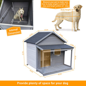 English Elm Large Breed Outdoor Doghouse Solid Fir Wood Covered Porch Weatherproof Asphalt Roof W1431S00011