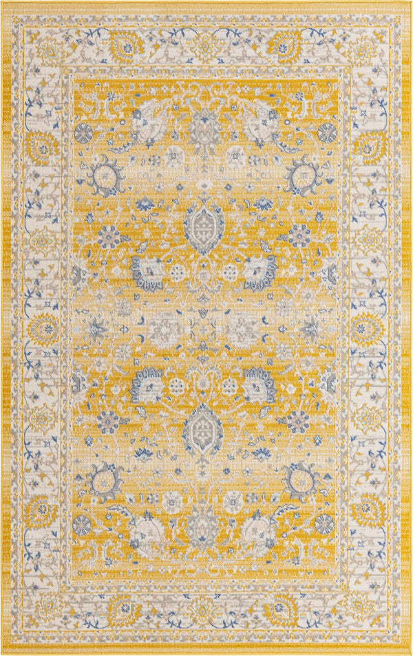 Unique Loom Whitney Bordeaux Machine Made Floral / Botanical Rug Tuscan Yellow, Blue/Ivory/Gray 5' 3" x 8' 0"