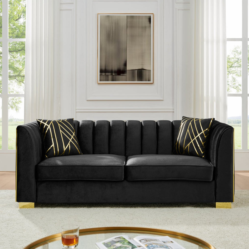 English Elm 81" Tufted Velvet Chesterfield Sofa with Gold Steel Legs for Elegant Living Rooms Black W1191S00063
