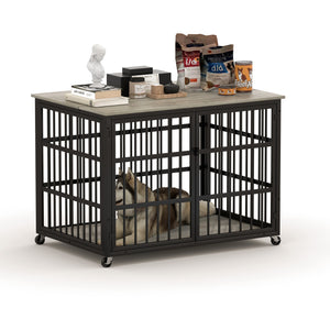 English Elm Furniture style dog crate with sturdy steel frame, particle board top for 150lb storage, fits dogs up to 70lb Grey W1162119832