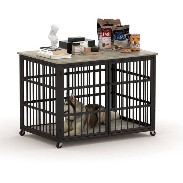 English Elm Furniture style dog crate with sturdy steel frame, particle board top for 150lb storage, fits dogs up to 70lb Grey W1162119832