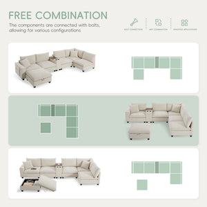 English Elm 139'' U-shaped Corduroy Sectional with Ottoman Console Usb Port and Cup Holders for Living Beige N723S1166A