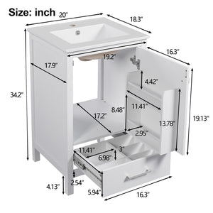 English Elm 20-Inch Compact Bathroom Vanity with Ceramic Sink, Soft-Close Storage, Divider Drawer & Easy Plumbing Access White N729P334847K