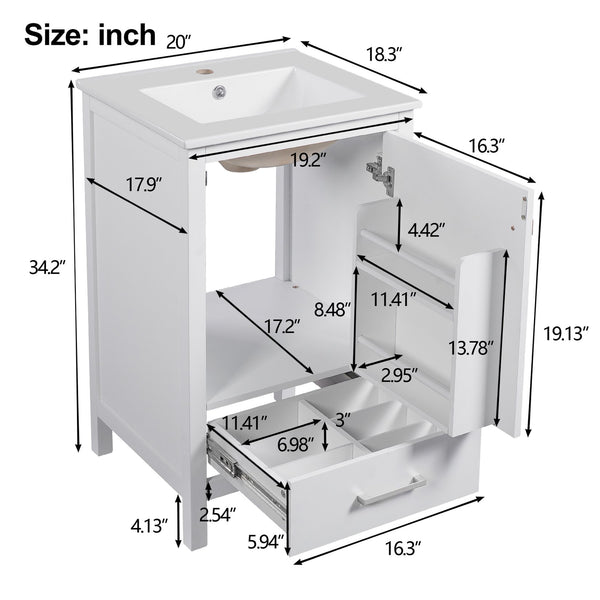 English Elm 20-Inch Compact Bathroom Vanity with Ceramic Sink, Soft-Close Storage, Divider Drawer & Easy Plumbing Access White N729P334847K