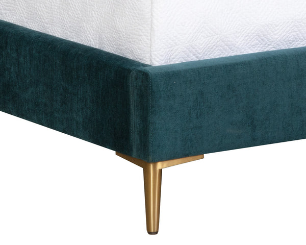 Sunpan Elizio Bed with Mid-Century Charm in Danny Teal Fabric and Gold Stainless Steel Legs for Luxe Style Queen
