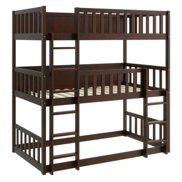 English Elm Twin Size Triple Bunk Bed In Espresso - Space-Saving Rubberwood Design With Ladders And Guardrails W504S00243-GIGA