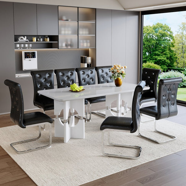 English Elm Modern 9 Piece Glam Dining Set Faux Marble Table Tufted Pvc Chairs Seats Eight Black,White W3875S00083