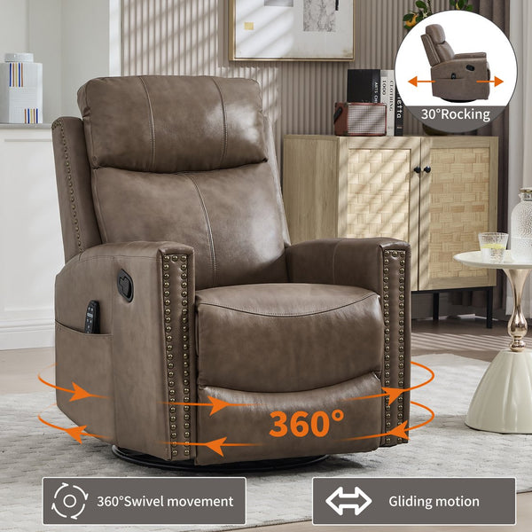 English Elm Camel Genuine Leather Massage Rocker Swivel Recliner with Heat and Lumbar Relief W1803P323716