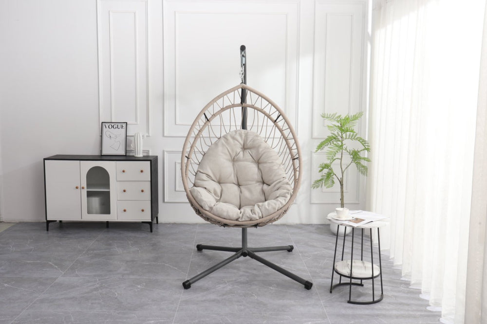 English Elm Outdoor Egg Hanging Chair with Stand Linen Gray - Cozy Wicker Swing, 350lb Sturdy Frame, Indoor/Outdoor Comfort W2500P288868
