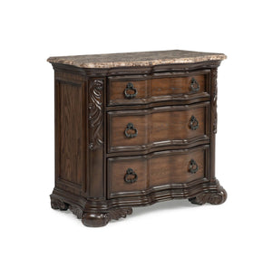 English Elm 1pc Marble Top Nightstand with Three Drawers, Intricate Moldings & Curved Silhouette, Coffee Finish B2741P366056