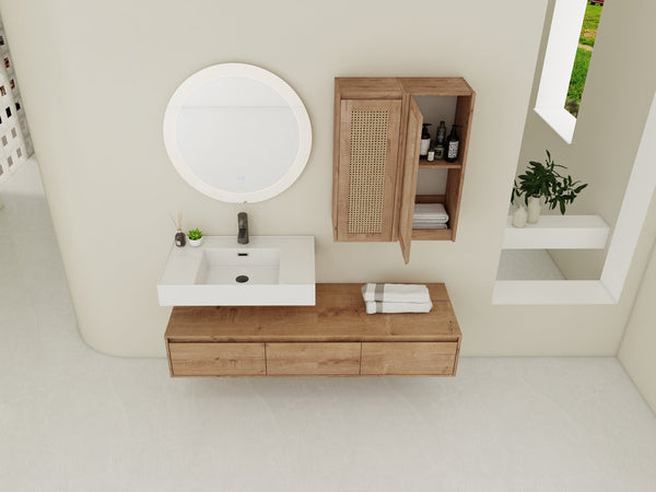 English Elm 60-Inch Wall-Mounted Bathroom Vanity With Integrated Resin Sink, Soft-Close Drawers & Elegant Oak Finish W999S00358