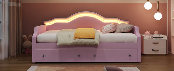 English Elm Twin Upholstered Daybed with Built-In LED & 2 Drawers, Velvet Platform Bed with Solid Wood Frame, Modern Curved Backrest, Twin Size, No Box Spring Needed Pink N7500001851H
