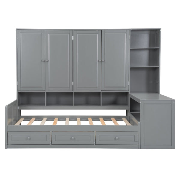 English Elm Twin Size Wooden Daybed With Integrated Desk, Storage Drawers, And Shelves - Stylish Gray Design! N820S00054E-GIGA