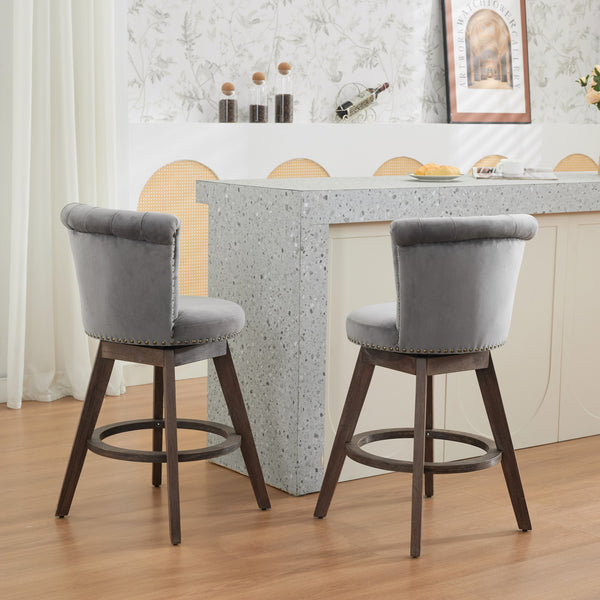 English Elm 26" Plush Velvet Swivel Counter Stools Set of 2 with Tufted Back, High-Res Foam & Sturdy Wood Legs Gray W1143P362519