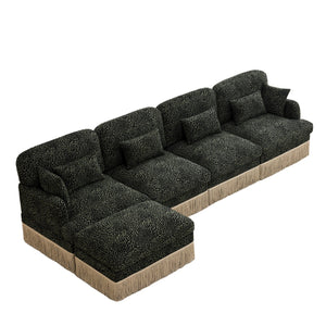 English Elm 131"comfy Chenille Leopard Print Sectional Sofa with Tassel Trim and Movable Ottoman Green W5656S00035