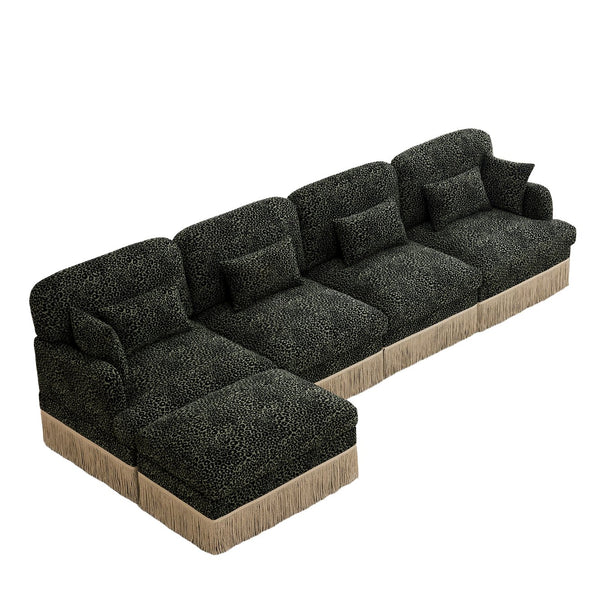 English Elm 131"comfy Chenille Leopard Print Sectional Sofa with Tassel Trim and Movable Ottoman Green W5656S00035