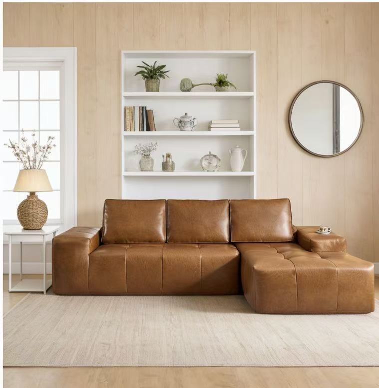 English Elm Boneless Cloud Sectional Sofa Deep Seat Faux Leather L Shaped Modular Living Room W3955S00011