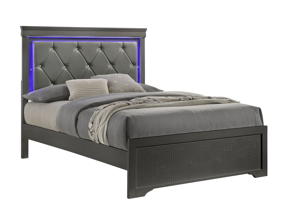 English Elm Blaze Upholstered 4-Piece Queen Bedroom Set With Led Headboard & Luxe Storage In Metallic Gray Finish B009S01493