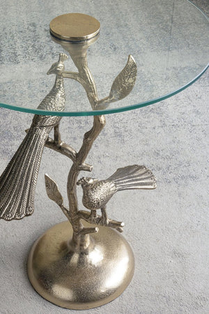 English Elm 17.7x17.7x24" Gold Peacock Round Glass Top Sculptural Aluminum Art Deco Accent Table W2078P461575