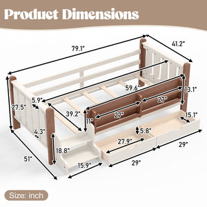 English Elm Twin Pine Floor Bed with Guardrails Built-in Bookcases and Stair Steps for Kids Beige W1580P430199