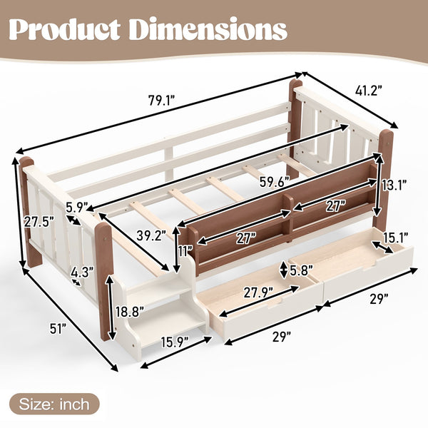 English Elm Twin Pine Floor Bed with Guardrails Built-in Bookcases and Stair Steps for Kids Beige W1580P430199
