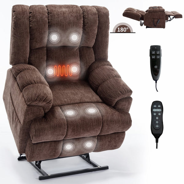 English Elm Dual Motor Power Lift Recliner Chenille Chair with Massage Heat and Infinite Positions Brown W3224P288490