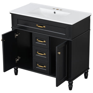 English Elm 36 Inch Bathroom Vanity with Ceramic Sink, Durable MDF & Solid Wood Frame, Soft-Close Doors, Luxe Handles, Ample Organized Storage, Modern Freestanding Design Black N725P314034B