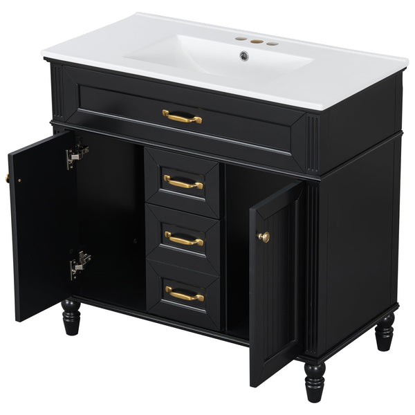 English Elm 36 Inch Bathroom Vanity with Ceramic Sink, Durable MDF & Solid Wood Frame, Soft-Close Doors, Luxe Handles, Ample Organized Storage, Modern Freestanding Design Black N725P314034B