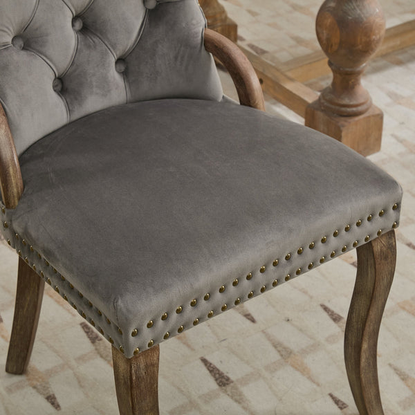 English Elm Velvet Hand-Tufted Dining Chair with Solid Wood Handles and Curved Legs, Vintage Copper Accents Gray W1143P338141
