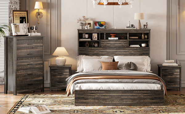 English Elm 4PCS Queen Bedroom Set with Storage Headboard & Built‑In Charging Station, 2 Nightstands, Dresser Antique Gray 54.25 L x 18.75 W x 9.25 H N733S307937A