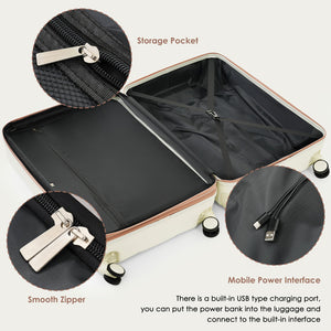 English Elm Luggage 3 Piece Abs Hard Shell Set with Usb Port Cup Holder and Spinner Wheels Beige+Gold N726P170956R