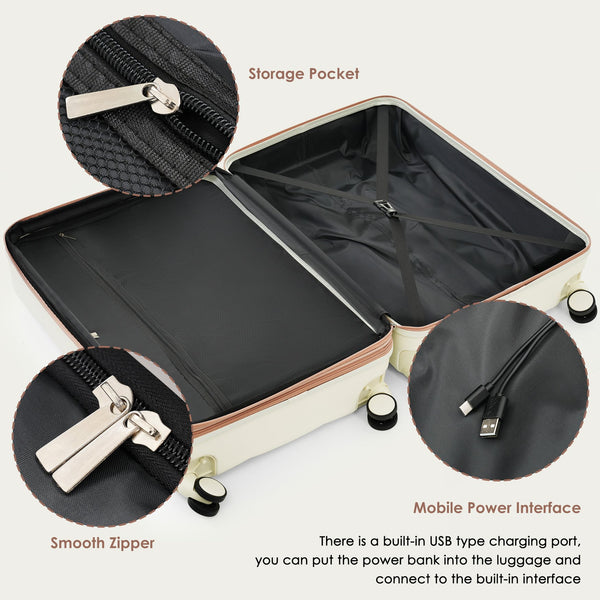 English Elm Luggage 3 Piece Abs Hard Shell Set with Usb Port Cup Holder and Spinner Wheels Beige+Gold N726P170956R