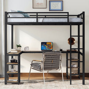 English Elm Full Metal Loft Bed With Vintage Wood Desk & Shelves - Stylish Space-Saving Solution For Bedrooms W1580S00040