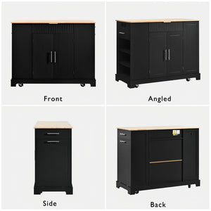 English Elm K&k Rolling Kitchen Island Rubber Wood Top Fluted Cabinet Built-in Charging Station Black N707S221571B