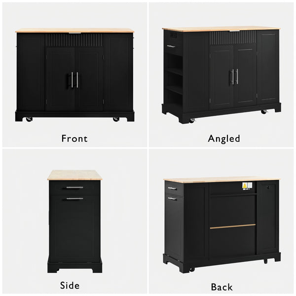 English Elm K&k Rolling Kitchen Island Rubber Wood Top Fluted Cabinet Built-in Charging Station Black N707S221571B