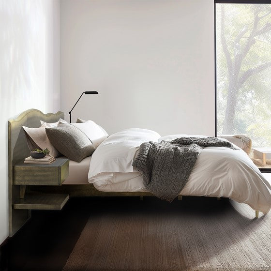 English Elm Platform Queen Bed with Live-Edge Headboard, Built-In Nightstands & Drawers, Dark Coffee Finish 600lb Capacity B035S00059