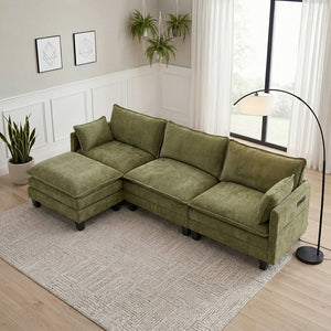 English Elm Modern Chenille Three Seat Sofa with Ottoman Usb Charging Ports and Storage Pockets Green W2519S00005