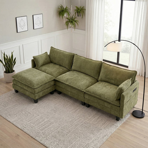 English Elm Modern Chenille Three Seat Sofa with Ottoman Usb Charging Ports and Storage Pockets Green W2519S00005