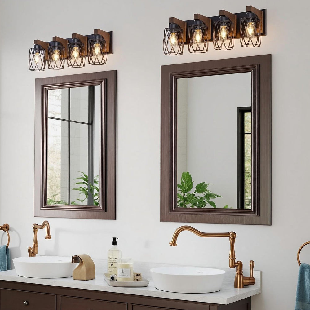 English Elm 4-light Industrial Farmhouse Vanity Bar Wood Backplate Matte Black Cage Bathroom Sconce T3963P458304