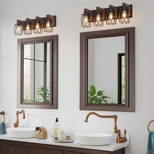English Elm 4-light Industrial Farmhouse Vanity Bar Wood Backplate Matte Black Cage Bathroom Sconce T3963P458304
