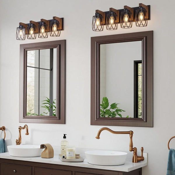 English Elm 4-light Industrial Farmhouse Vanity Bar Wood Backplate Matte Black Cage Bathroom Sconce T3963P458304