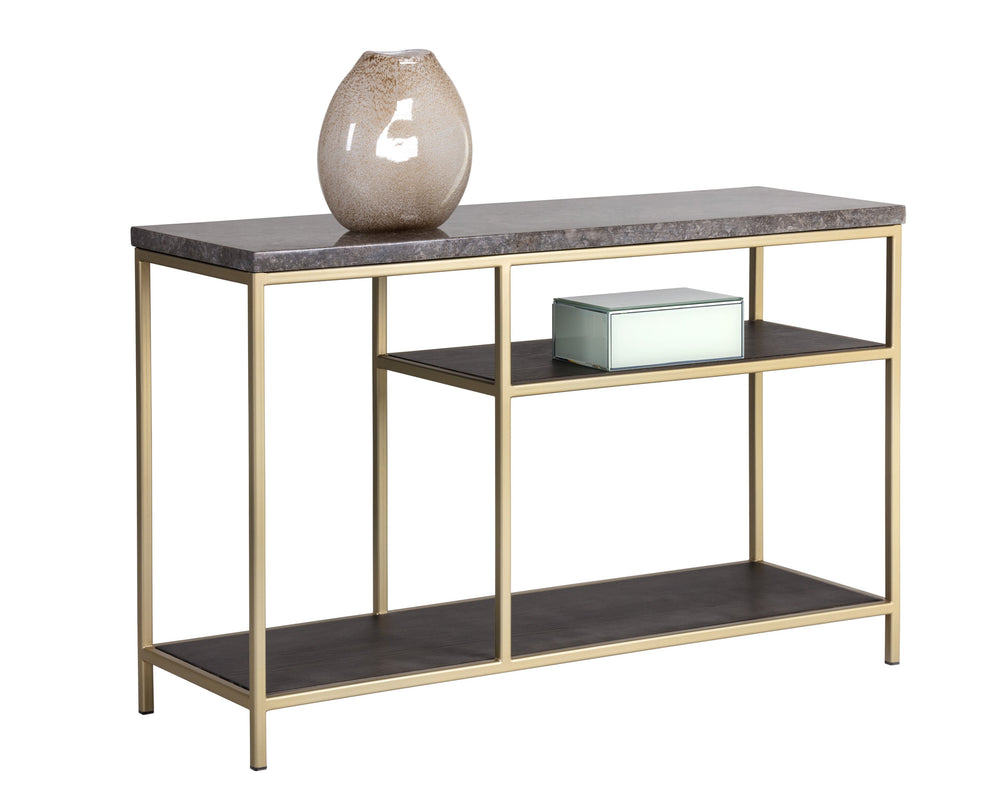 Sunpan Arden Console Table – Rustic Grey Marble Top with Oak Shelves & Gold Iron Frame – Modern Elegance
