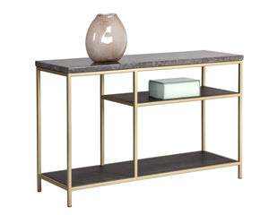 Sunpan Arden Console Table – Rustic Grey Marble Top with Oak Shelves & Gold Iron Frame – Modern Elegance