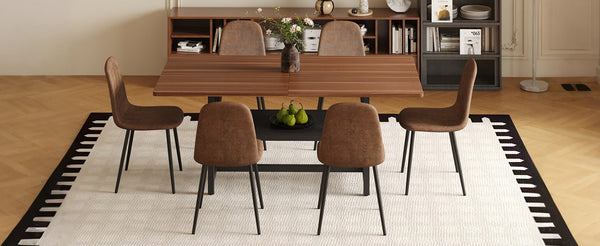 English Elm Table Set: Modern Walnut Grain Dining Table With 6 Comfortable Techno-Fabric Chairs & Storage Shelf W1151S04290-GIGA